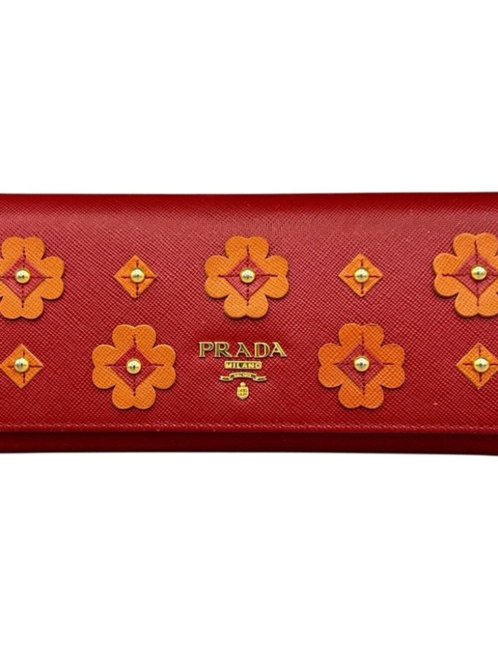 Prada Saffiano Leather Floral Applique Studded Continental Wallet Red